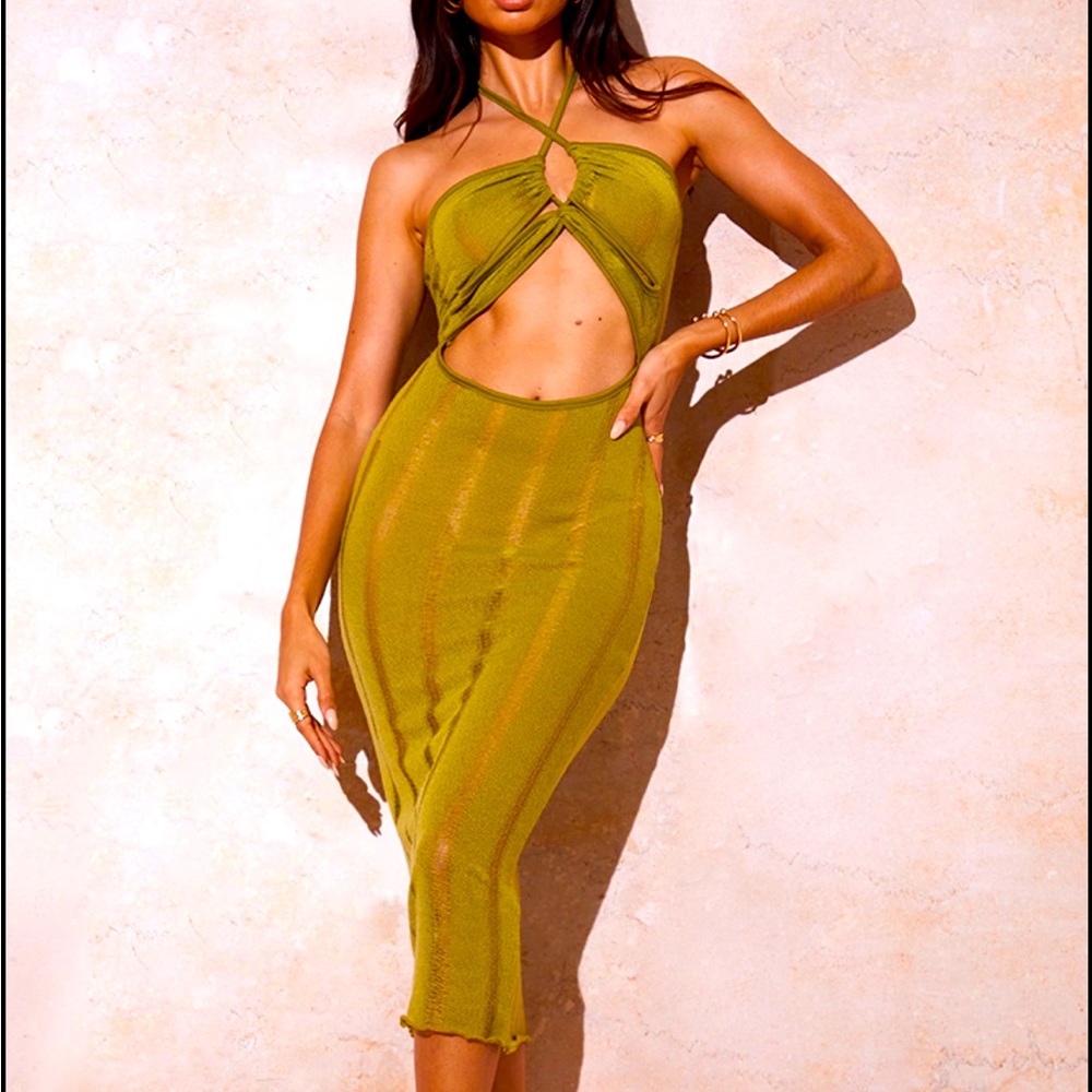Olive green sheer halter dress